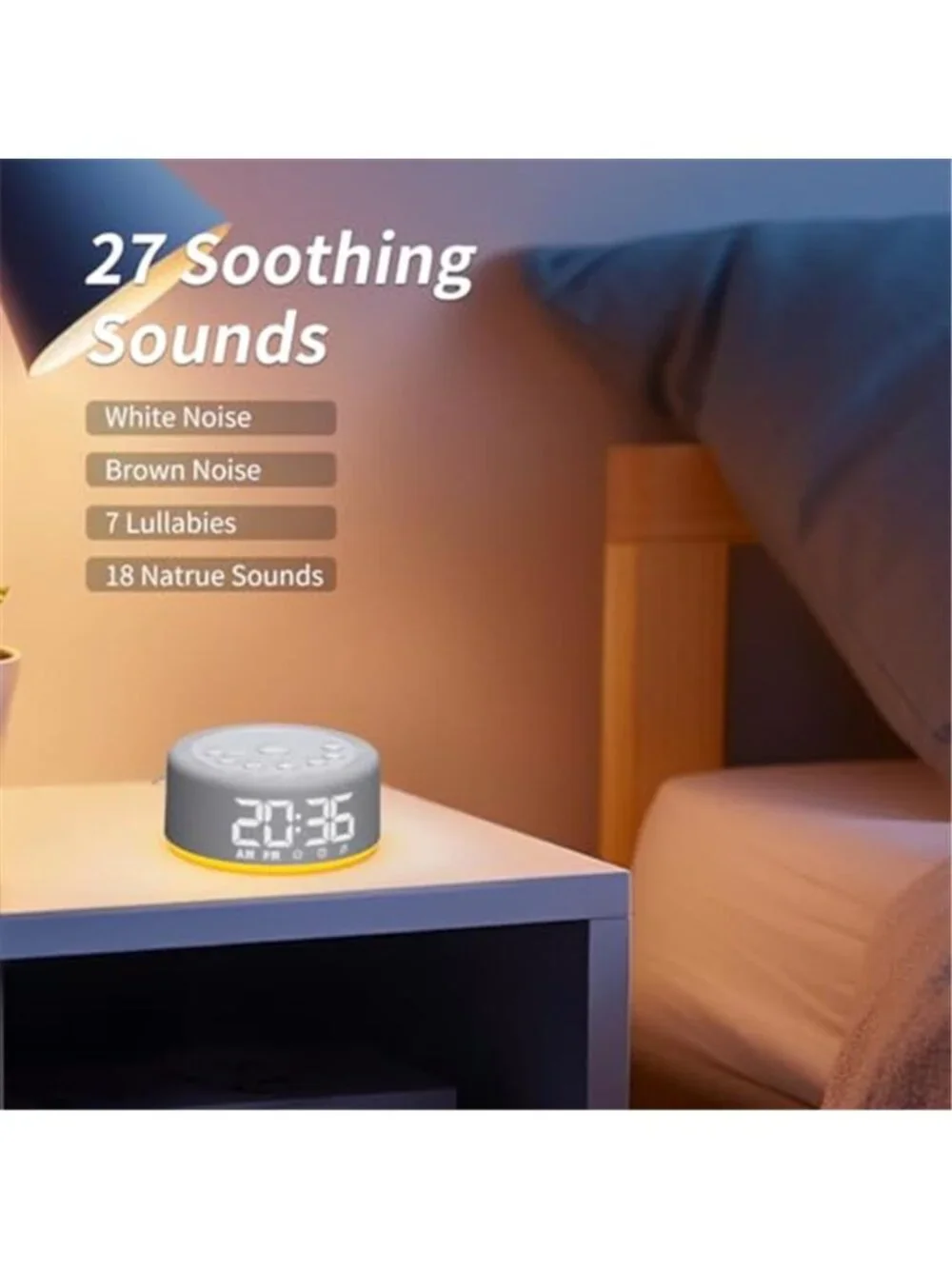 White Noise Sound Machine Alarm Clock Night Light 12 Color Sleep Aid 30 Sounds